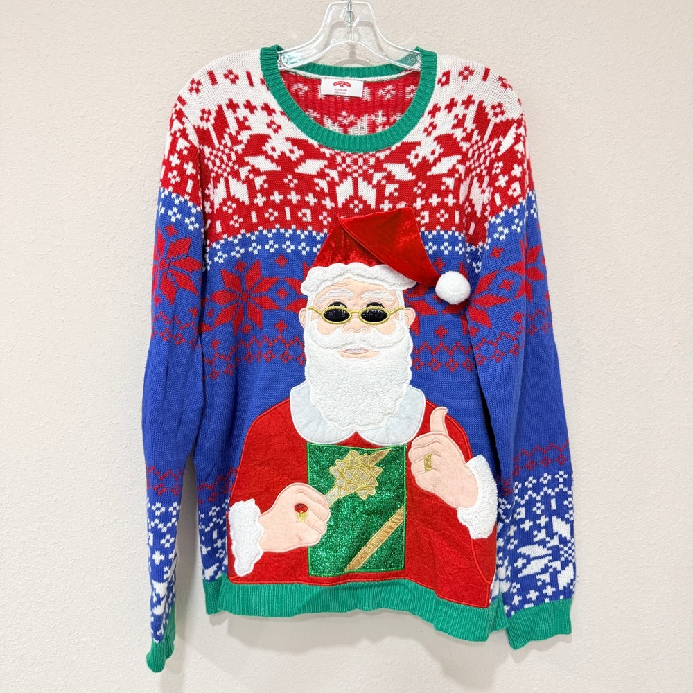 Holiday Time Sweater XL Blue Red Santa Sunglasses Ugly Christmas Sweater Kitschy